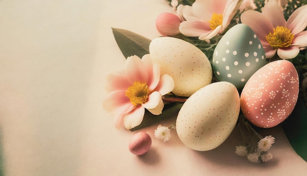 Huevos de Pascua y flores en fondo pastel, tarjeta de felicitación de vacaciones de naturaleza muerta