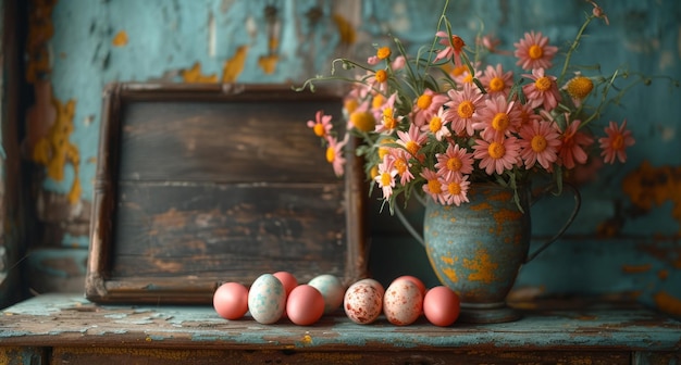 Huevos de Pascua y flores en una mesa de madera