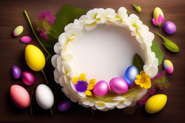 Huevos de Pascua y flores en una mesa de madera