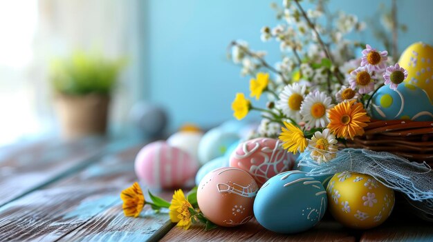 Huevos de Pascua con flores en la mesa