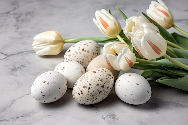 Huevos de pascua y flores de primavera dispuestos juntos en una exhibición decorativa