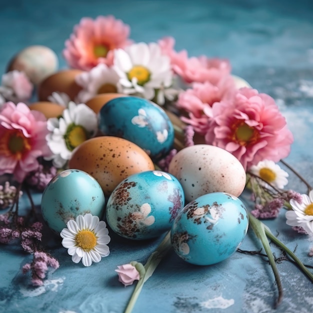 Huevos de pascua y flores de primavera sobre fondo azul Concepto de vacaciones de primavera con espacio de copia