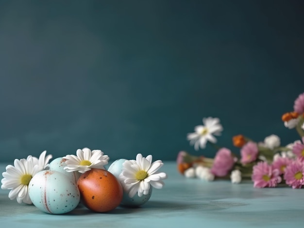 Huevos de pascua y flores de primavera sobre fondo azul Concepto de vacaciones de primavera con espacio de copia