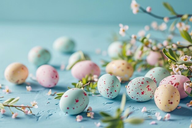 Foto huevos de pascua y flores de primavera sobre un fondo azul