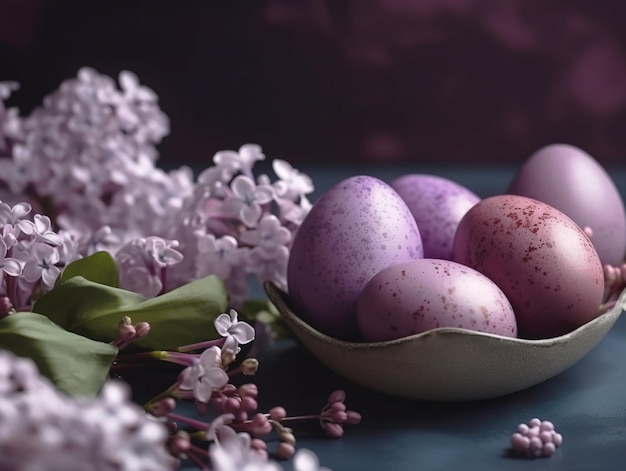 Huevos de pascua y flores de primavera sobre fondo púrpura Concepto de vacaciones de primavera con espacio de copia