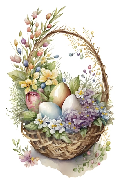Huevos de Pascua con flores silvestres de primavera en una canasta sobre una acuarela de fondo blanco AI Generativo 1