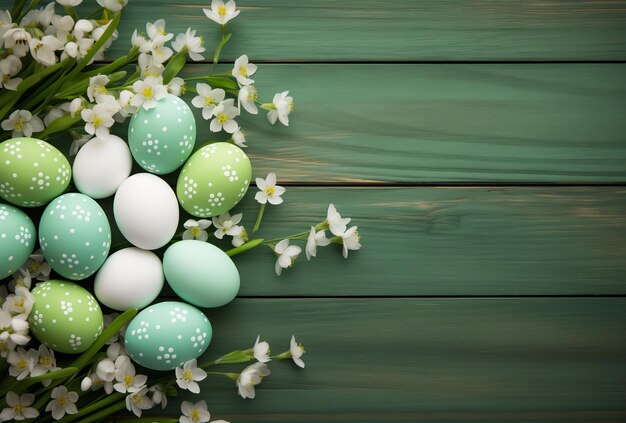 Huevos de Pascua y flores sobre un fondo de madera