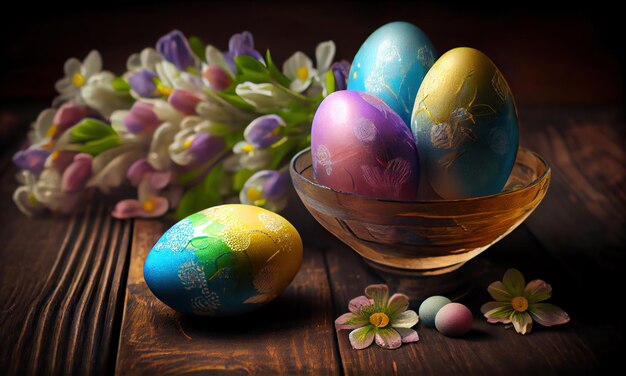 Huevos de pascua con flores sobre fondo de mesa de madera feliz concepto de pascua IA generativa