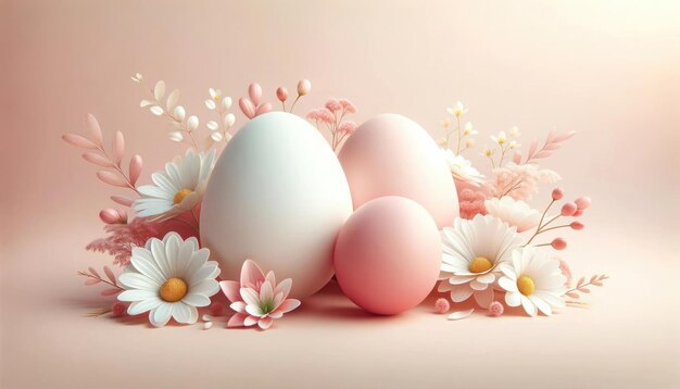 Huevos de Pascua y flores sobre un fondo rosa pastel