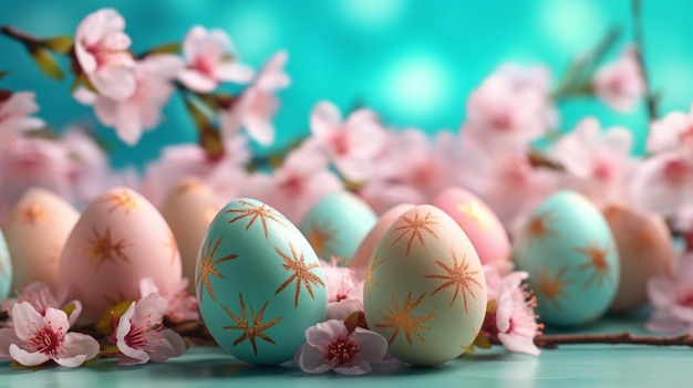 huevos de Pascua y flores sobre un fondo turquesa