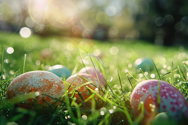 Huevos de Pascua en el fondo de la hierba del prado