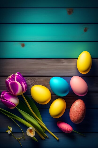 Huevos de Pascua en un fondo de madera