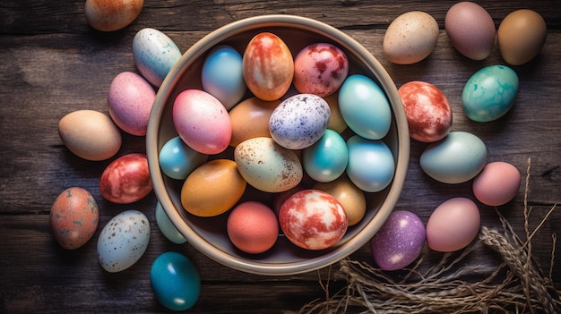 Huevos de Pascua en el fondo de madera