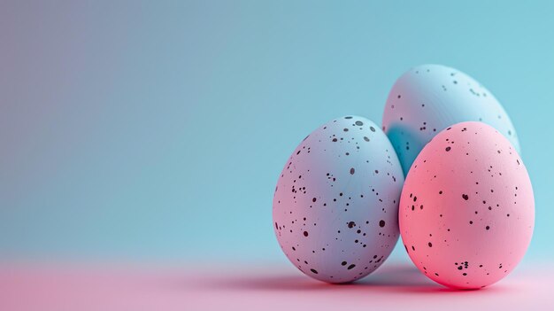 huevos de Pascua en el fondo plano llano de algún color pastel Dejar la mayor parte del espacio en blanco