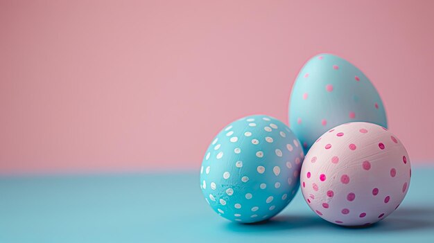 Foto huevos de pascua en el fondo plano llano de algún color pastel dejar la mayor parte del espacio en blanco