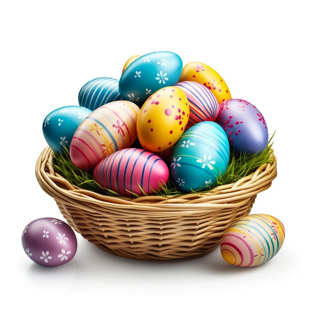 Huevos de Pascua hechos a mano coloridos perfectos en la canasta aislados en un blanco