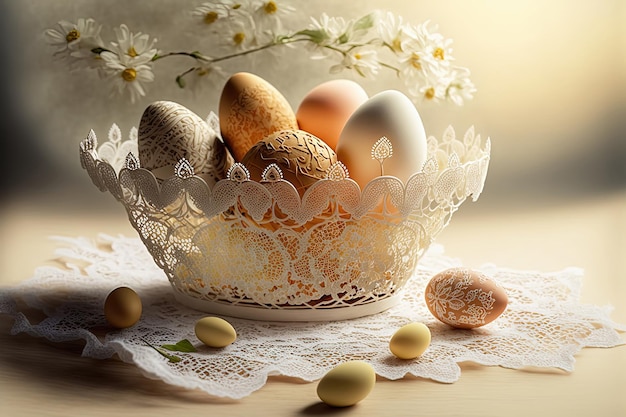 Huevos de Pascua hechos a mano con diseño floral de encaje blanco y flores de primavera en la mesa