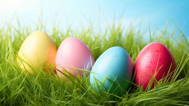 Huevos de Pascua en la hierba con cielo azul de fondo