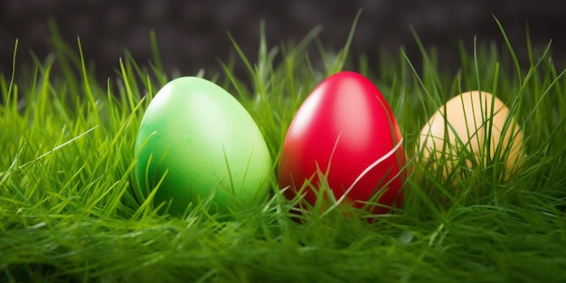 Huevos de pascua en la hierba con colores verde y rojo.