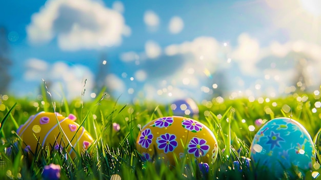 huevos de Pascua en la hierba con flores azules