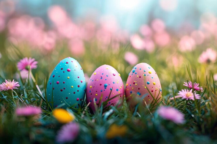 huevos de Pascua en la hierba con flores en el fondo