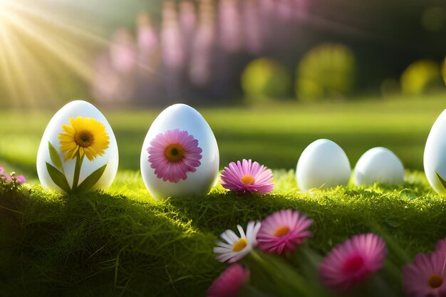 huevos de Pascua en la hierba con flores