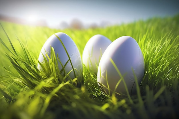 Huevos de Pascua en la hierba con fondo bokeh Generado por AI