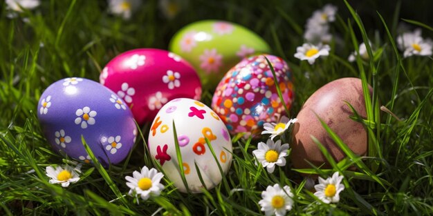 Huevos de pascua en la hierba con margaritas