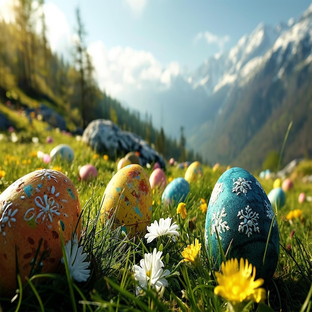 huevos de Pascua en la hierba con montañas cubiertas de nieve en el fondo