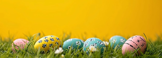 Huevos de Pascua en hierba verde y fondo amarillo con espacio para copiar