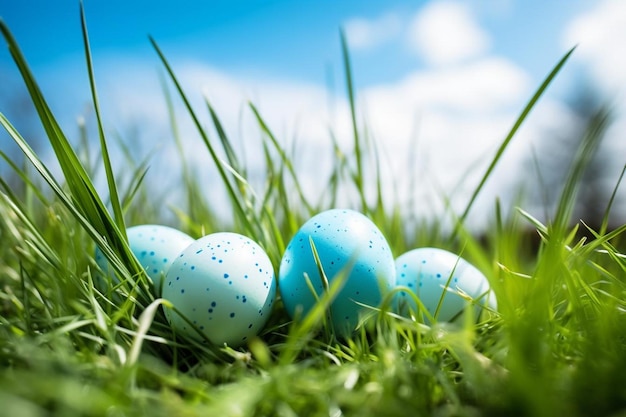 Huevos de Pascua en la hierba verde fresca sobre el cielo azul