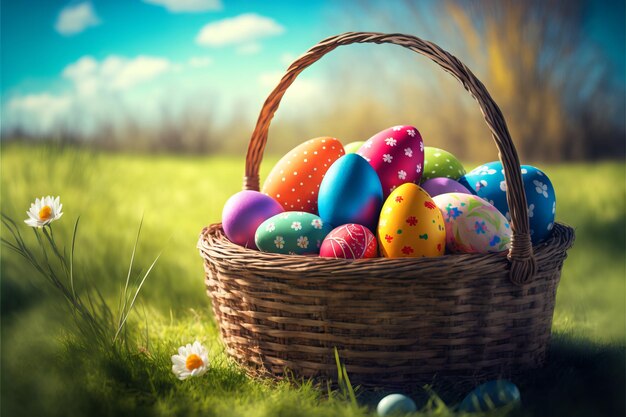 Huevos de Pascua en la hierba verde fresca sobre el cielo azul