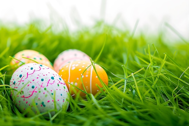 Huevos de Pascua en hierba verde fresca sobre un fondo blanco