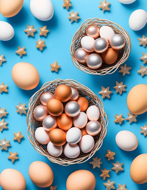 huevos de pascua y huevo sobre fondo azul