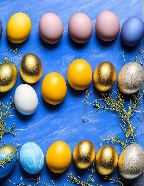 huevos de pascua y huevo sobre fondo azul