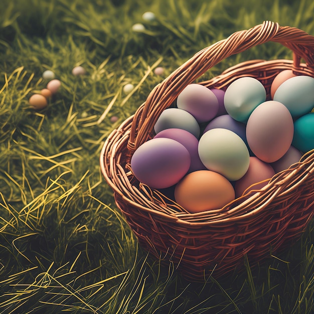 Huevos de Pascua ingeniosamente dispuestos en una canasta sobre una tabla de madera IA generativa