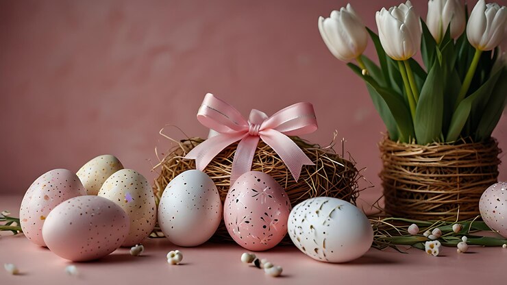 huevos de Pascua con un lazo rosa y una cinta rosa en la parte superior