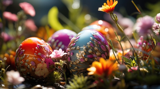 Foto huevos de pascua en un macizo de flores