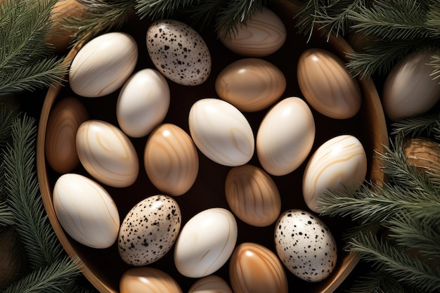 Huevos de Pascua de madera de estilo ecológico Concepto de sostenibilidad