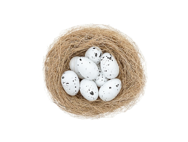 Huevos de Pascua con manchas blancas en nido de pájaro aislado en blanco