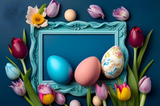 Huevos de Pascua en un marco con tulipanes sobre un fondo azul.