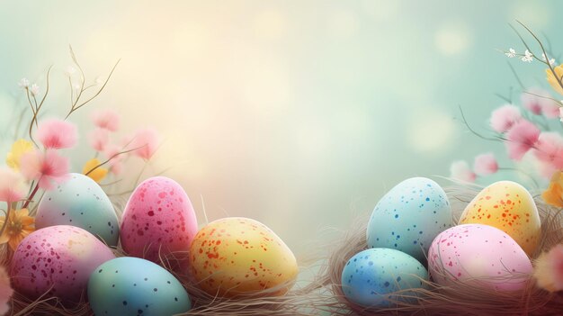 Huevos de Pascua en una mesa con un fondo azul y rosa.