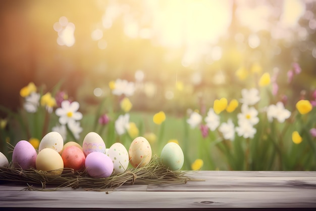Huevos de pascua en una mesa de madera con flores al fondo