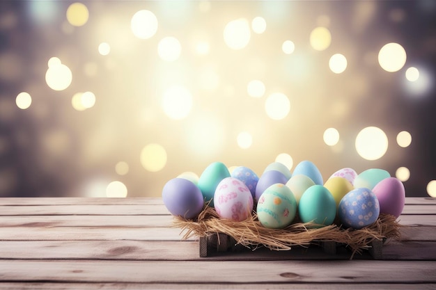 Huevos de pascua en una mesa de madera con un fondo bokeh