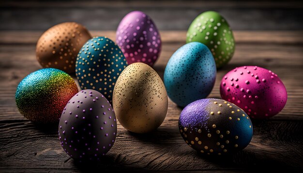 Huevos de pascua en una mesa de madera con la palabra pascua en la parte inferior