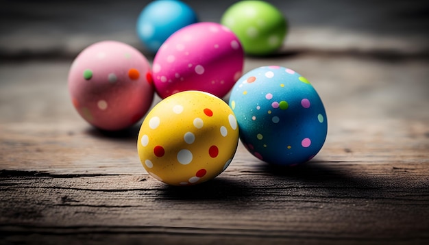 Huevos de pascua en una mesa de madera con uno que dice pascua