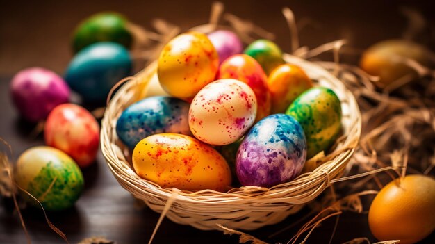 Huevos de Pascua moteados en una canasta sobre una mesa