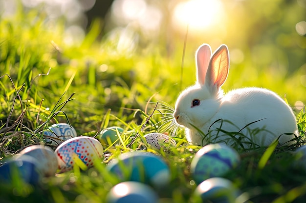 Foto huevos de pascua multicolores y el conejo de pascua en la hierba en el primer plano