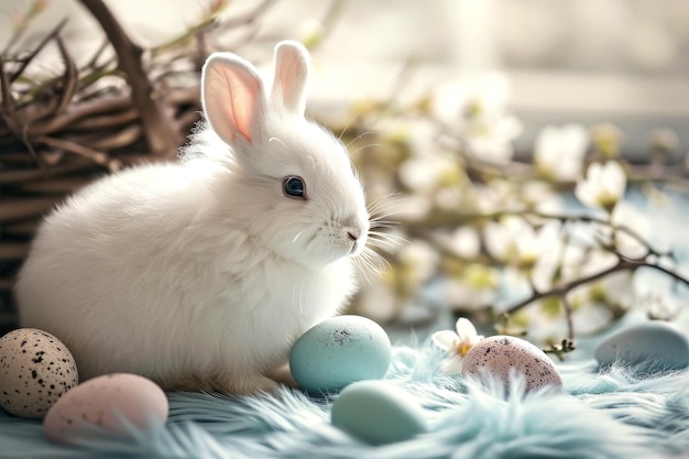 Huevos de Pascua multicolores y el conejo de Pascua sentado en el alféizar de la ventana en el primer plano de la casa