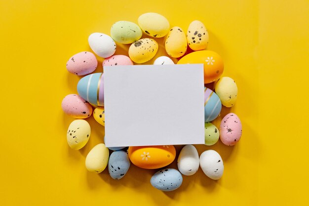 Huevos de Pascua multicolores en un fondo amarillo de primavera Feliz Pascua